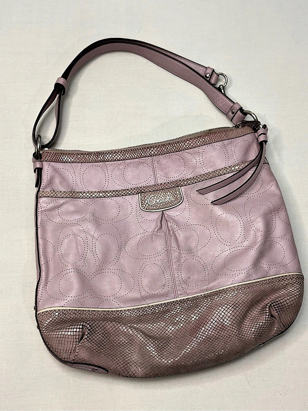 Coach F19739 Leather/Snakeskin Lavender Perforated Signature C Hobo bag